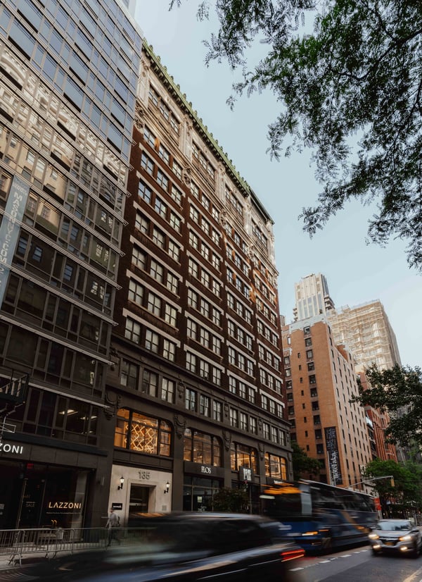 Street-level view of the Blender Workspace venue building at 135 Madison Avenue with ground-floor design showrooms in Manhattan, New York City